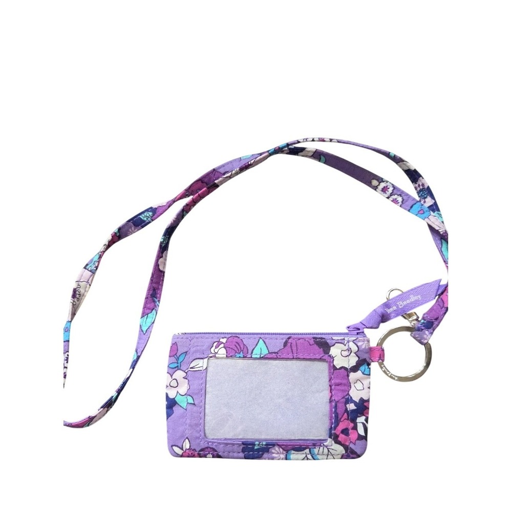 Vera Bradley Enchanted Garden Floral Zip Pouch ID Teacher Lanyard Purple Butter